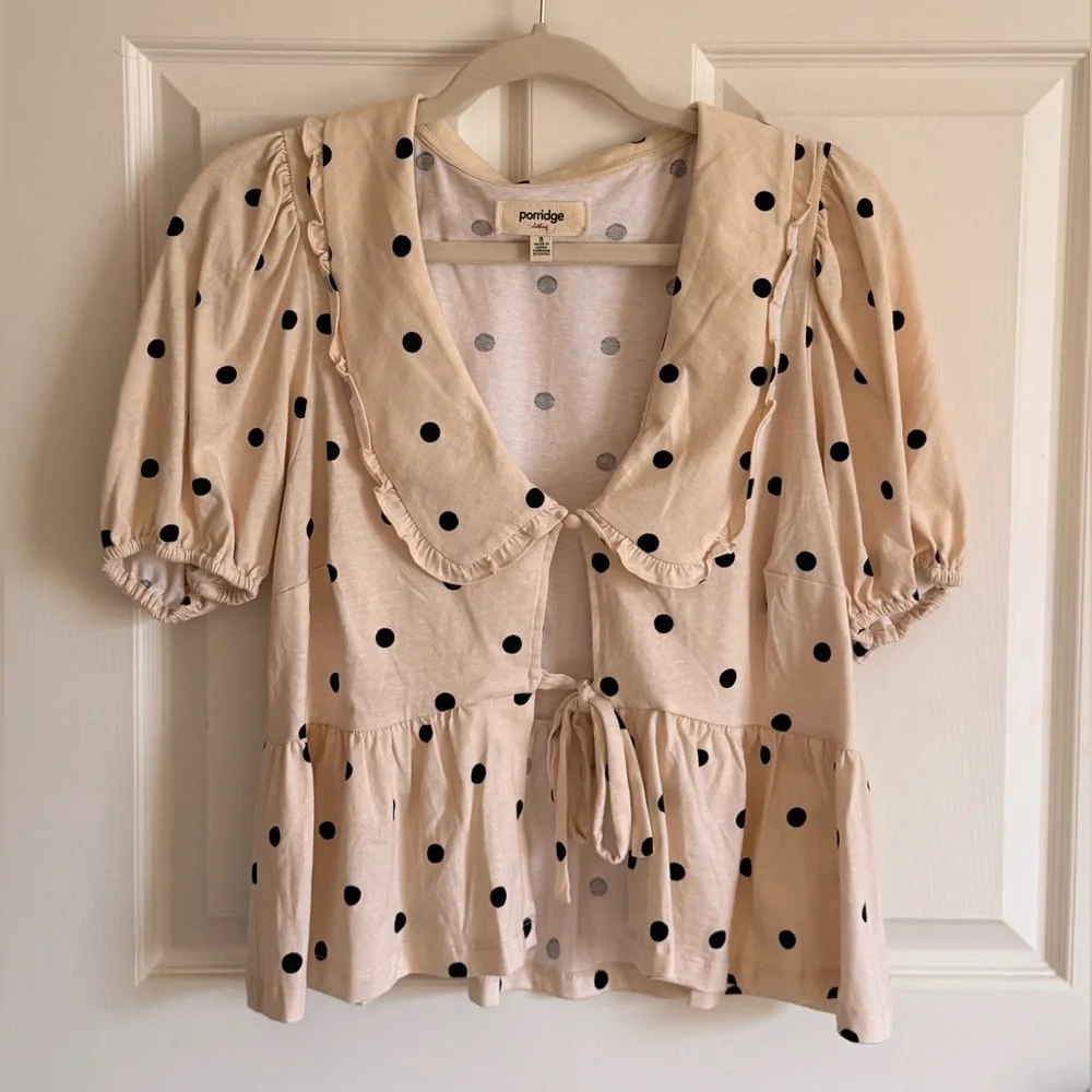Anthropologie Beige Polka Dot Ruffle Collar Blouse